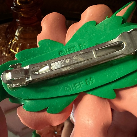 1980's Peach Hibiscus Tropical Bloom Rhinestone French Hair Barrette - Picture 3 of 3